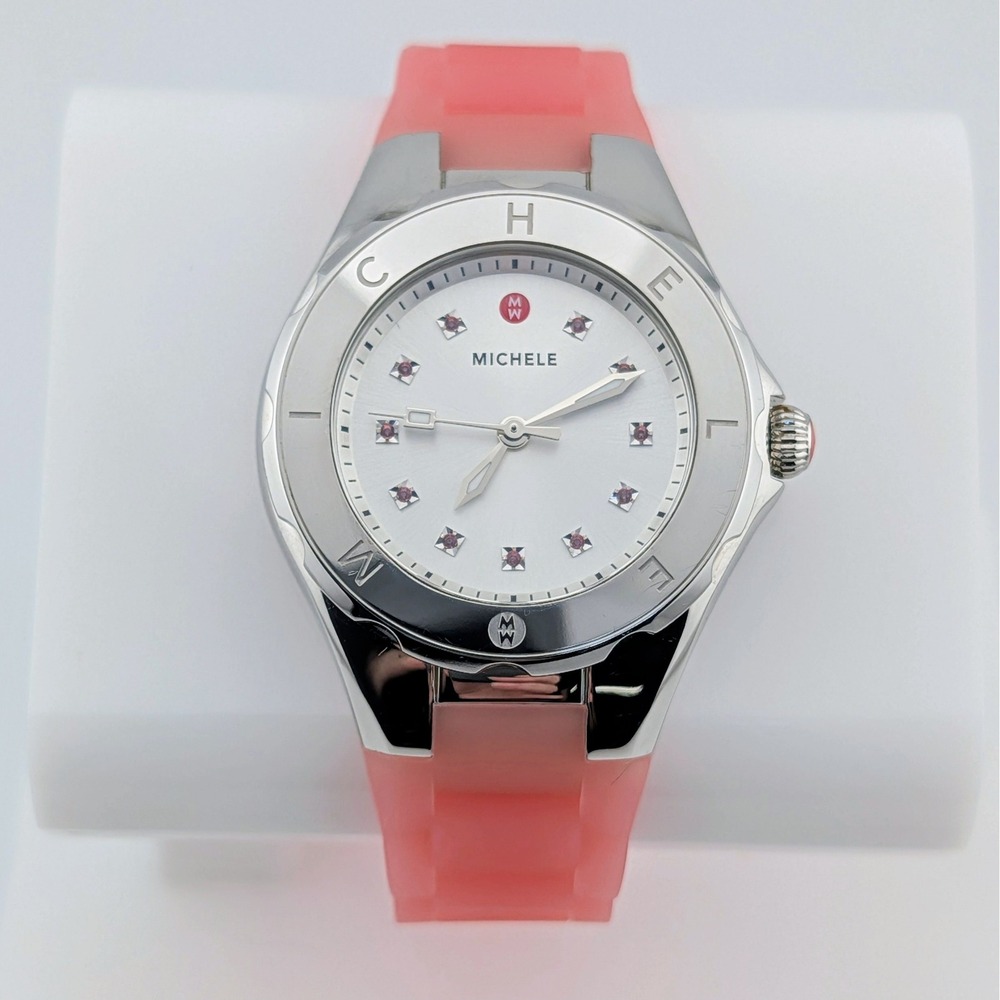 Michele Tahitian Jelly Bean Watch Women Pink Topaz Markers Pink Rubber Strap